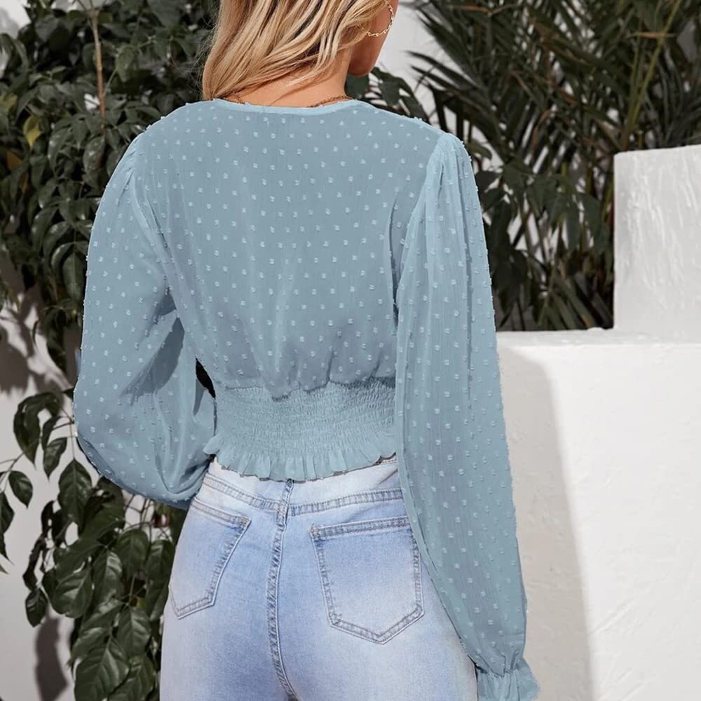 Women's Shirt Slim High Waist Sexy Deep Tunic V-neck Blouse Long Puff Sleeve
